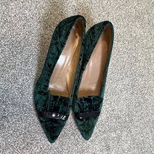 Anthropologie Kitten Heels Womens 37 Emerald Green Crushed Velvet Pointed Toe